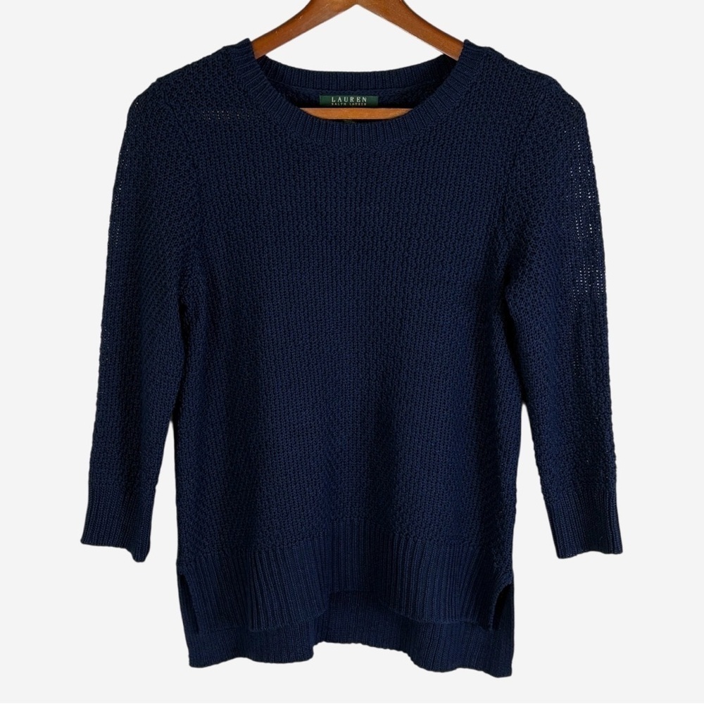 Lauren Ralph Lauren Navy Blue Open Knit Sweater M 3/4 Sleeve